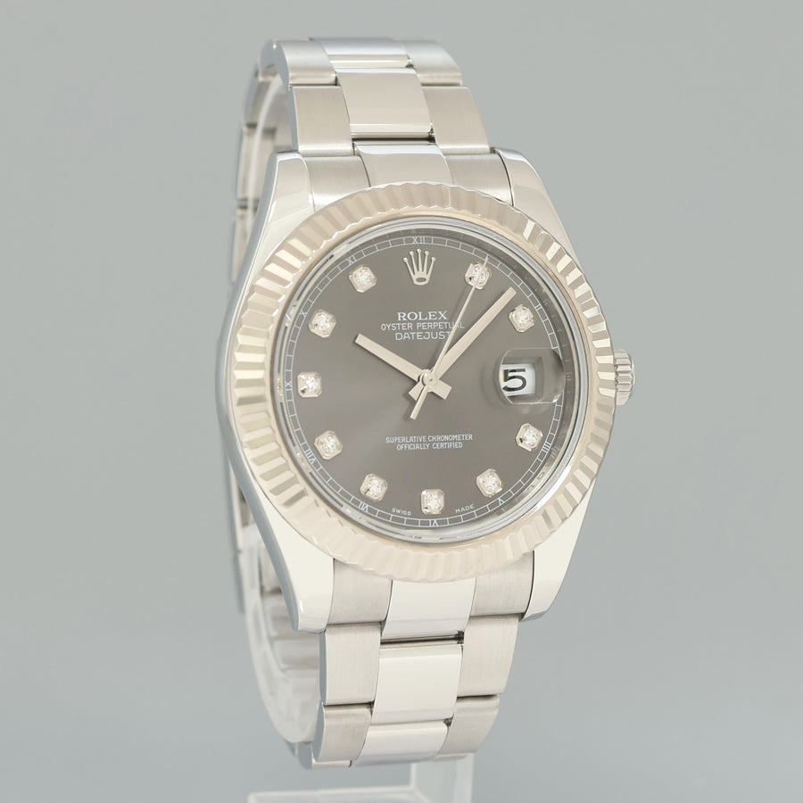 2014 MINT Rolex Datejust 2 41mm Rhodium Diamond 116334 White Gold Fluted Watch Box