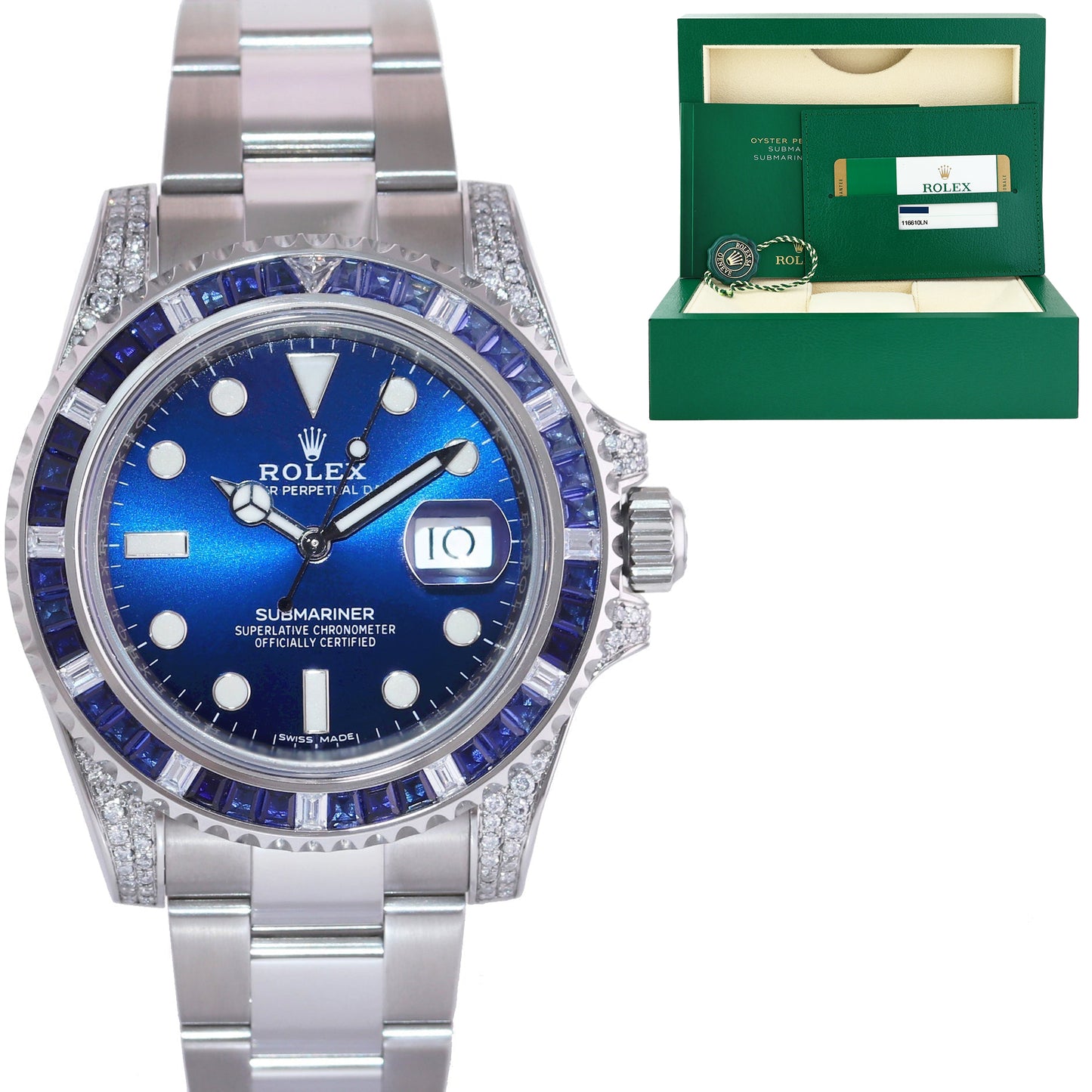 2017 PAPERS MINT Rolex Submariner Date 116610 Diamond Sapphire Steel Blue Ceramic Watch