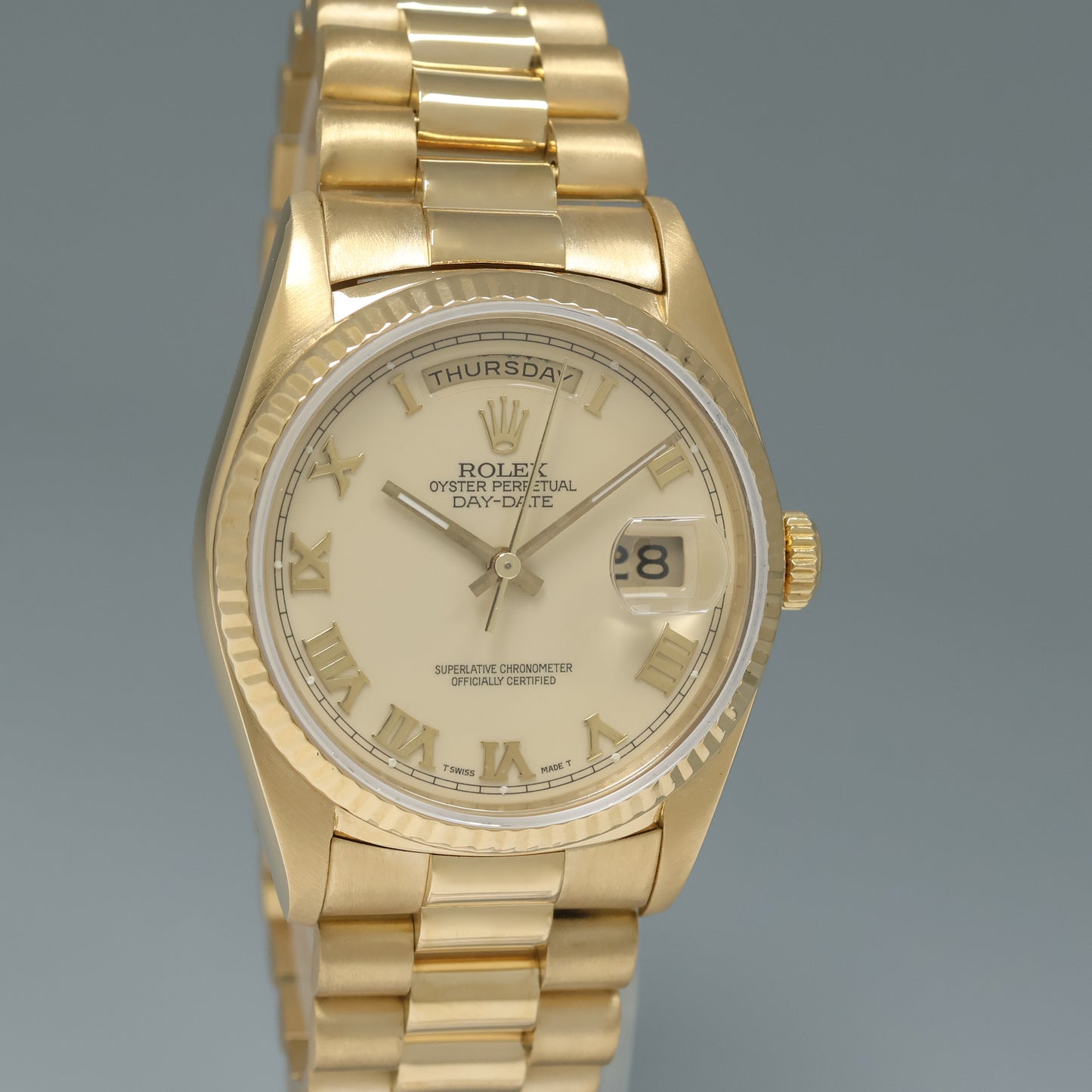1990 MINT Rolex President Day Date Ivory Roman 18238 Double Quick Yellow Gold Watch