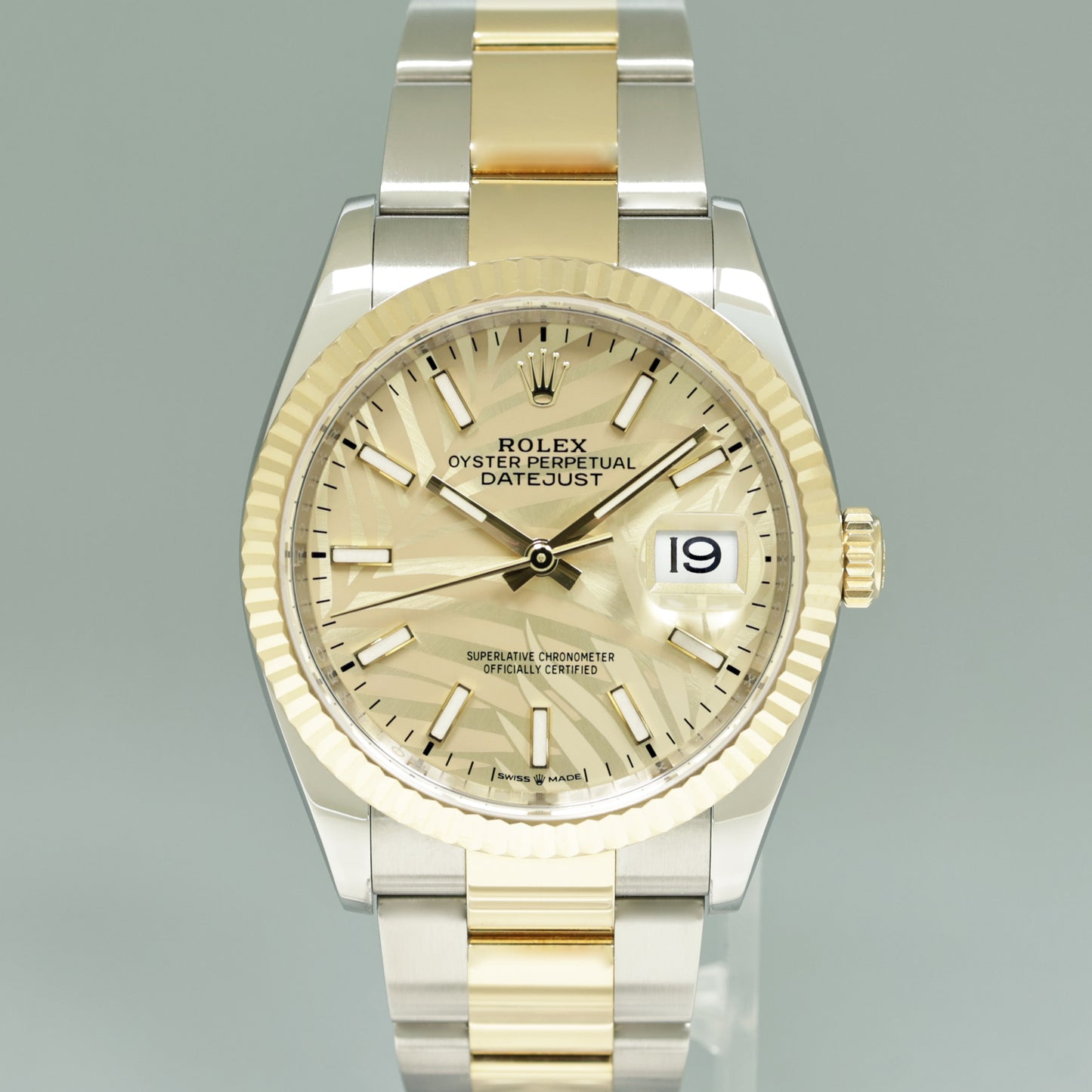 2023 Rolex DateJust 36mm Champagne Palm Motif Two Tone Gold Oyster 126233 Watch