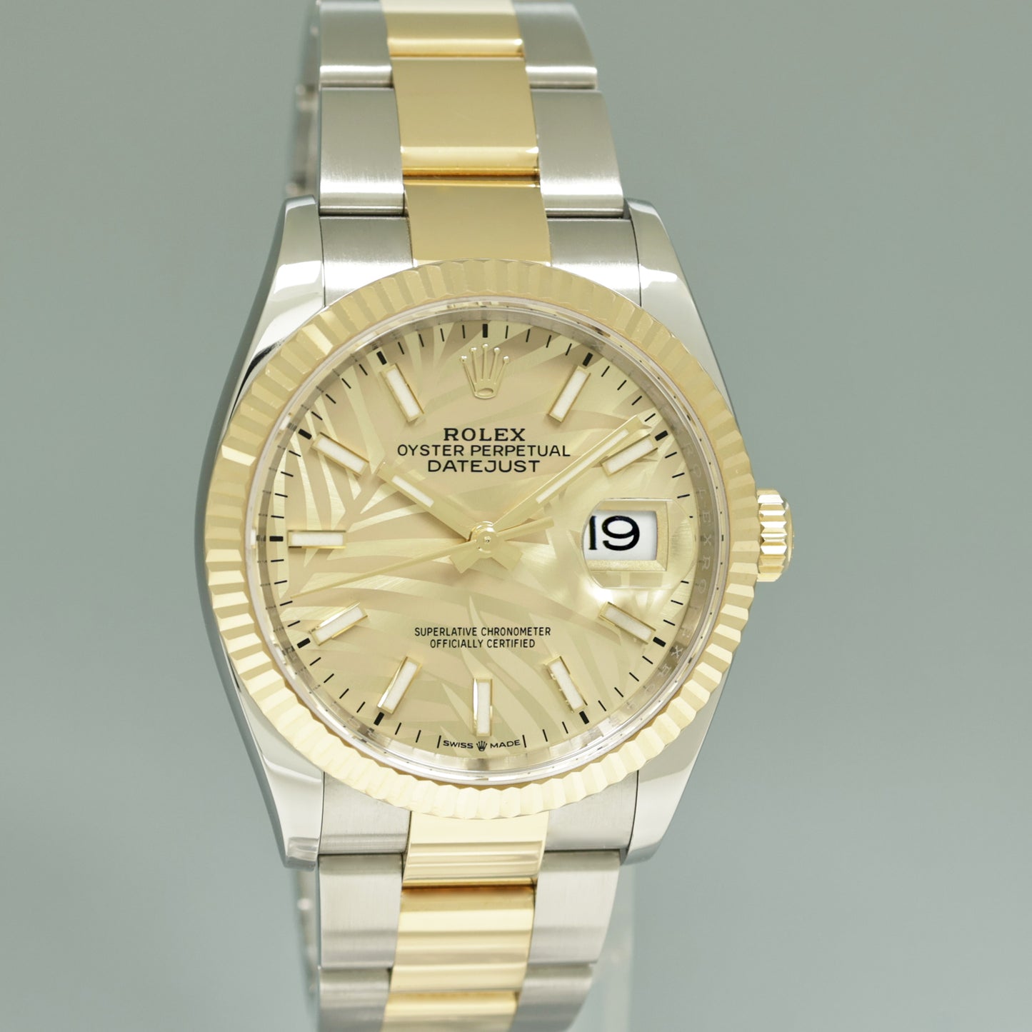2023 Rolex DateJust 36mm Champagne Palm Motif Two Tone Gold Oyster 126233 Watch