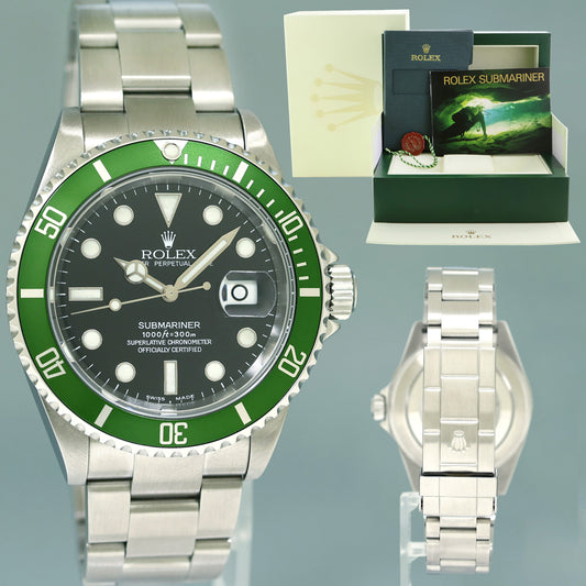 Flat 4 MINT Rolex Kermit Green Anniversary 40mm Submariner 16610LV Watch Box