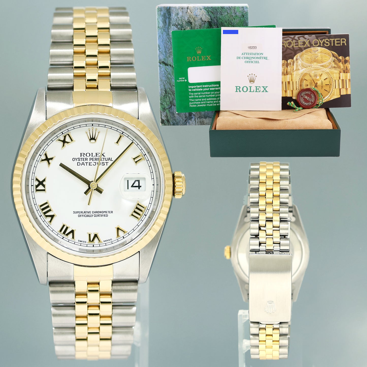 PAPERS MINT Rolex DateJust 36mm White Roman 16233 Two Tone Steel Jubilee Watch Box