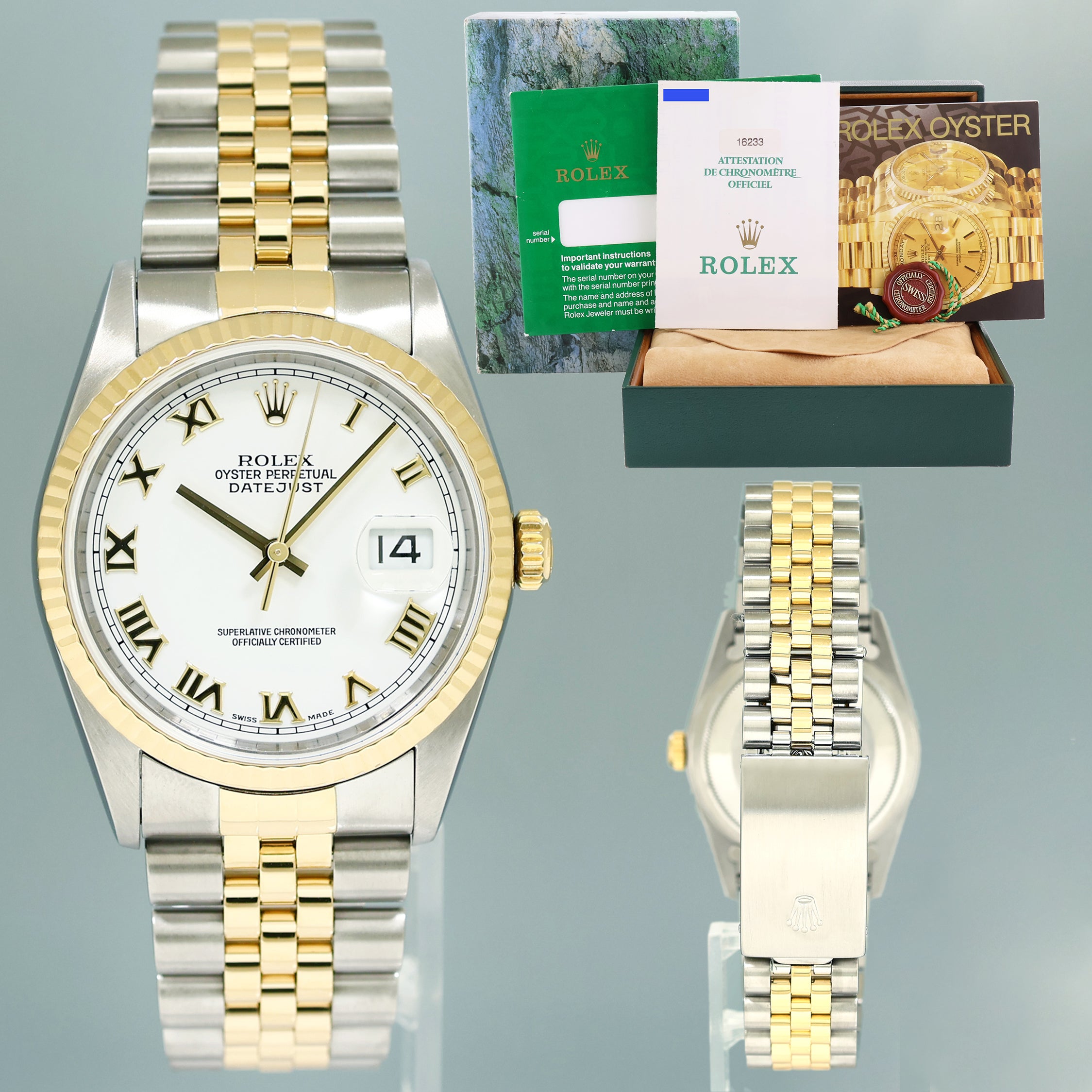 PAPERS MINT Rolex DateJust 36mm White Roman 16233 Two Tone Steel Jubilee Watch Box