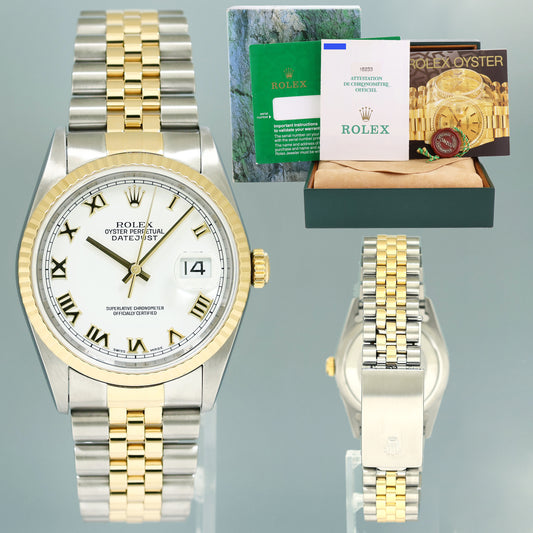 PAPERS MINT Rolex DateJust 36mm White Roman 16233 Two Tone Steel Jubilee Watch Box