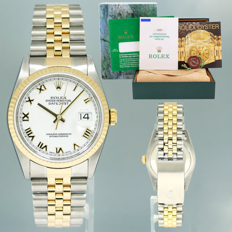 PAPERS MINT Rolex DateJust 36mm White Roman 16233 Two Tone Steel Jubilee Watch Box