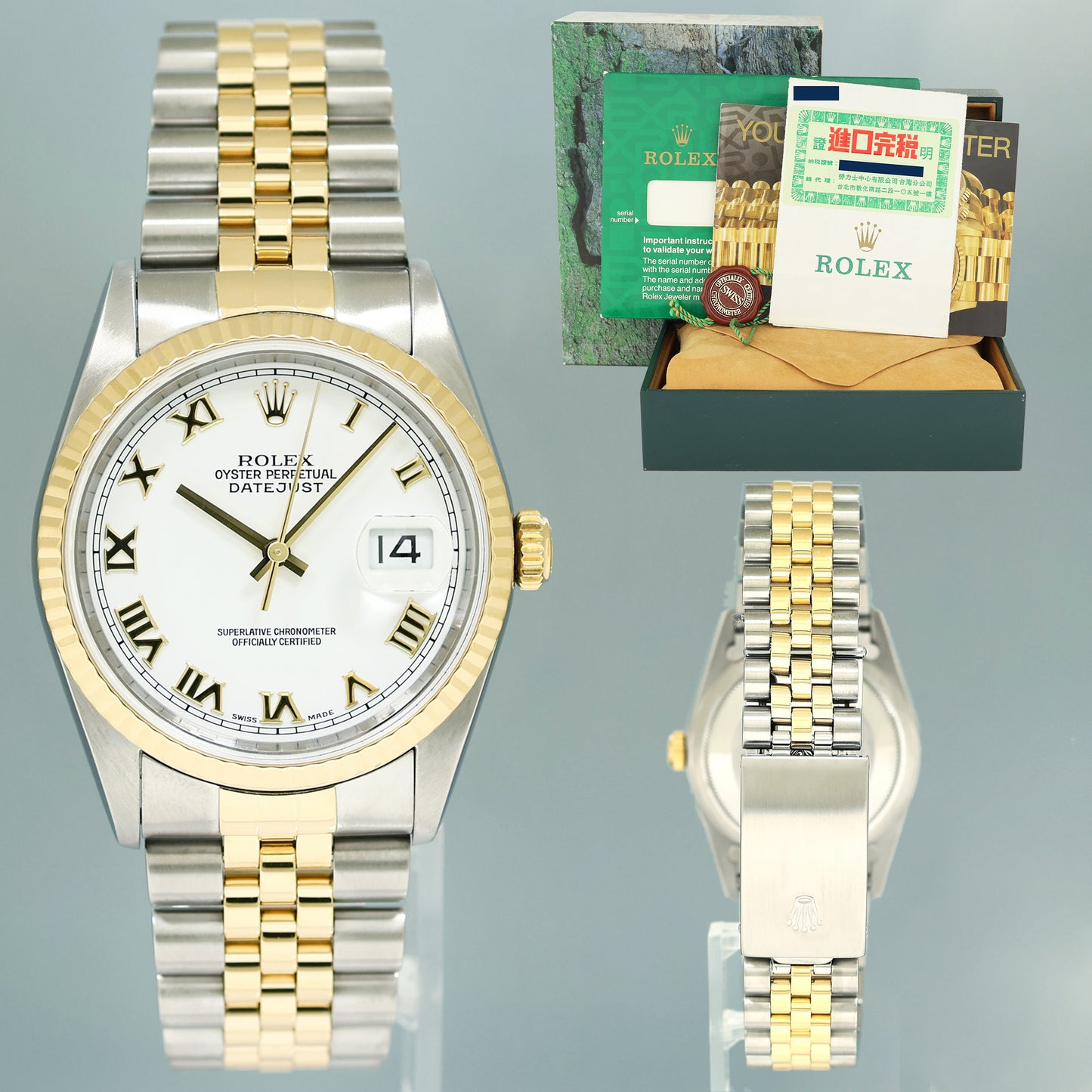 PAPERS MINT Rolex DateJust 36mm White Roman 16233 Two Tone Steel Jubilee Watch Box