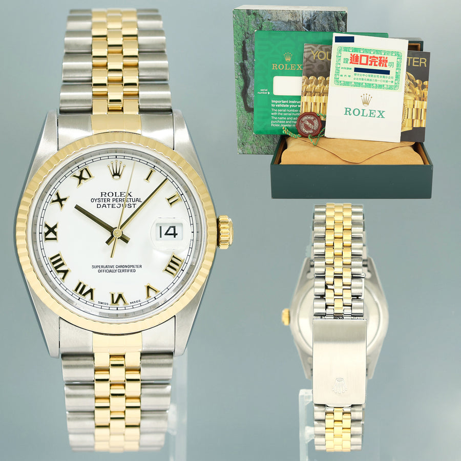 PAPERS MINT Rolex DateJust 36mm White Roman 16233 Two Tone Steel Jubilee Watch Box