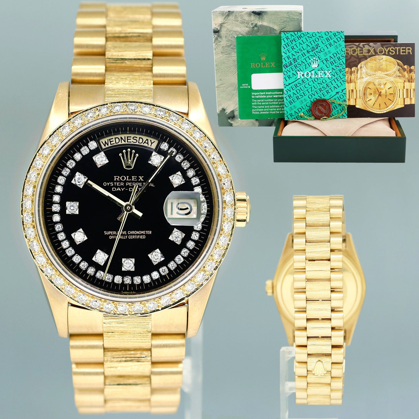 Rolex Day-Date President 18078 Bark Black Diamond Yellow Gold 36mm Quick Set Watch