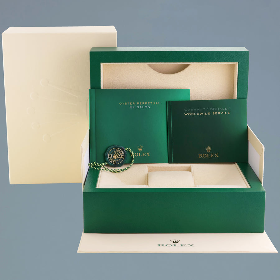 MINT Rolex Milgauss Green Anniversary Orange Black 116400GV Steel Watch Box