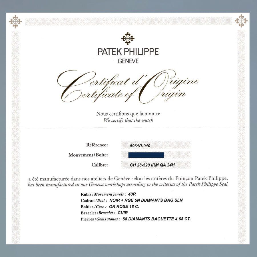 NEW 2022 PAPERS Patek Philippe 5961R Rose Gold Chrono Diamond Baguette Watch Box