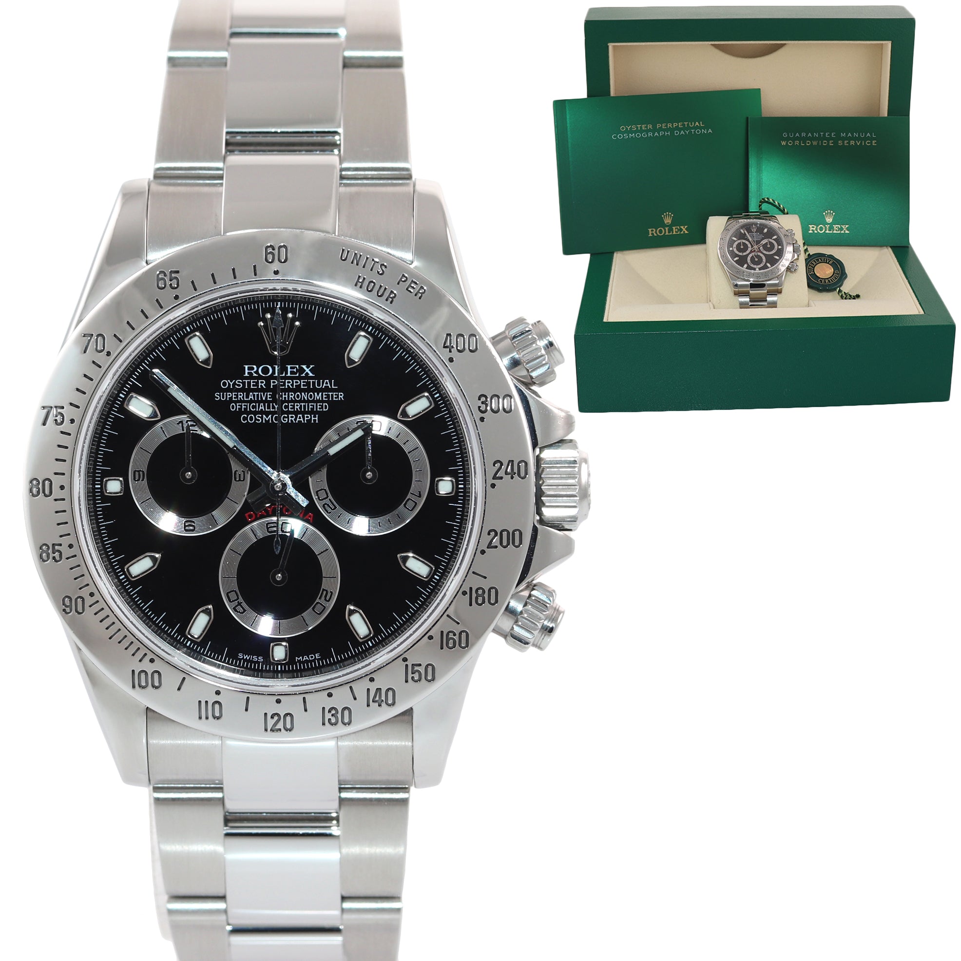MINT 2014 BLUE CHROMOLIGHT Rolex Daytona 116520 Black Dial Steel Chronograph 40mm Watch Box