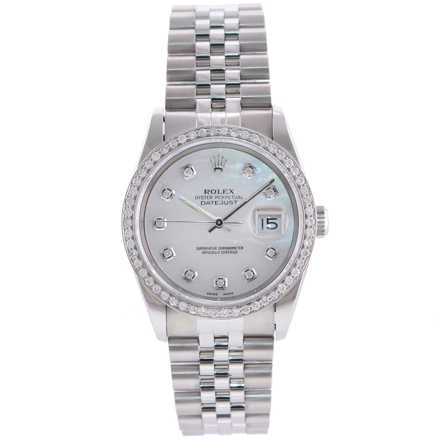 DIAMOND BEZEL Rolex DateJust 36mm MOP Mother of Pearl 16220 Steel Watch