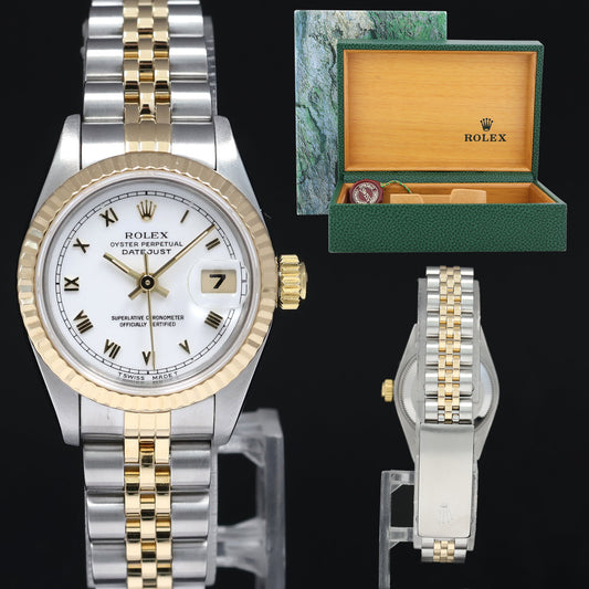 MINT Ladies Rolex 26mm 69173 DateJust White Roman Two Tone Yellow Gold Jubilee Watch