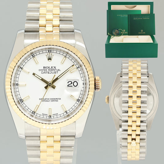 2015 MINT Rolex DateJust Jubilee Two Tone Gold Steel White Stick 36mm 116233 Watch
