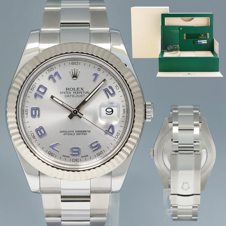 MINT Papers Rolex 116334 Datejust II 41mm Silver Blue Arabic White Gold Fluted Watch Box
