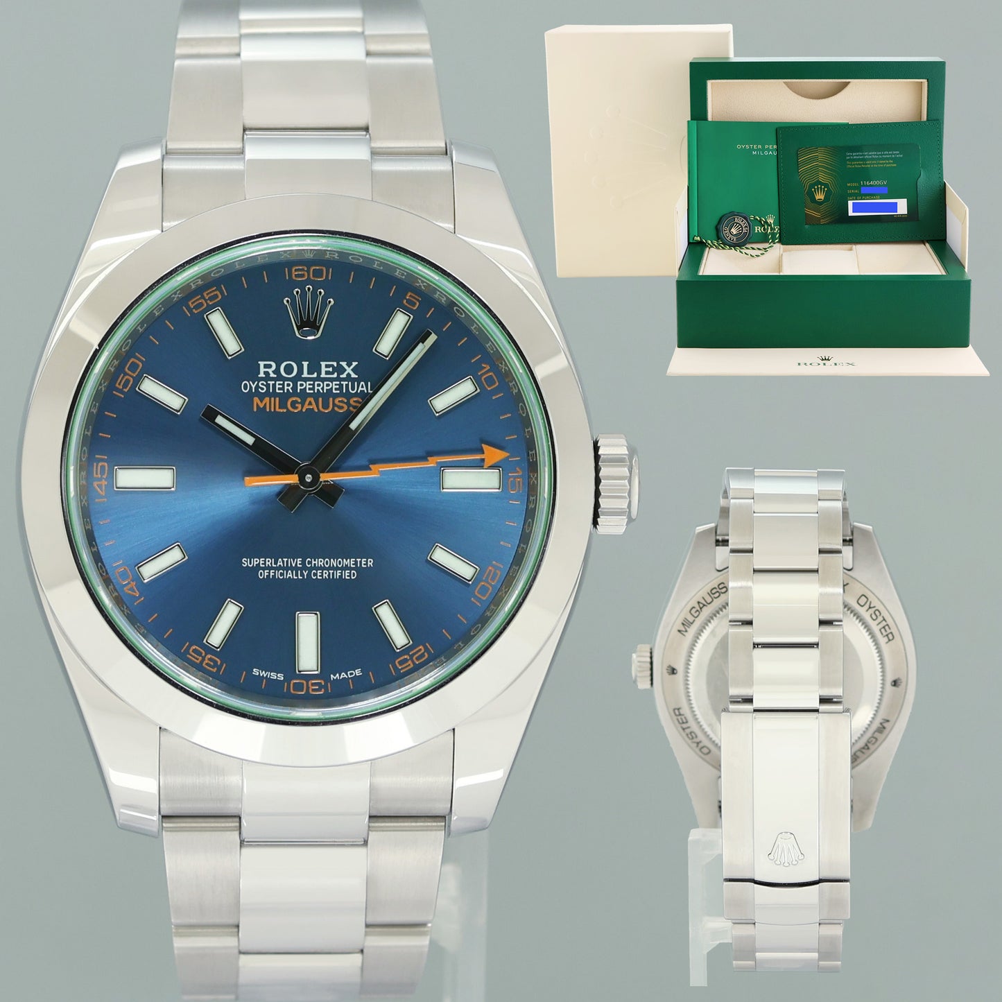2022 NEW PAPERS Rolex 116400GV Milgauss Blue Anniversary Green Steel Watch Box