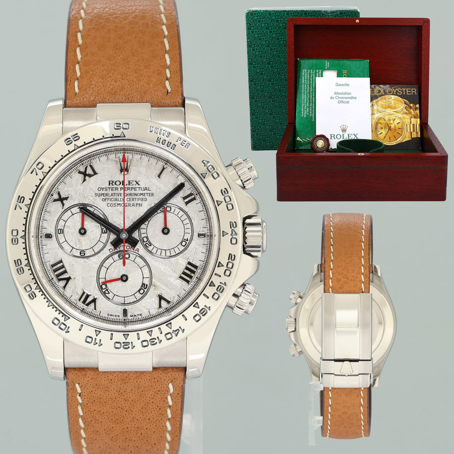 2006 MINT PAPERS Rolex Daytona White Gold 116519 Meteorite Roman Leather Watch