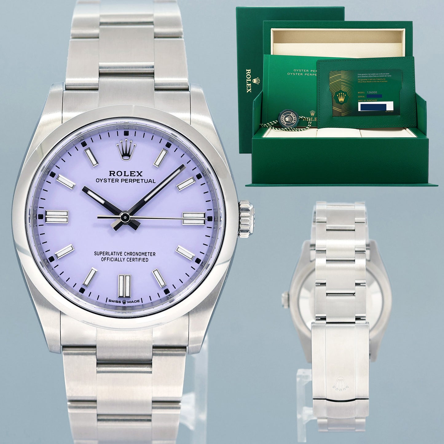 2025 NEW PAPERS Rolex Oyster Perpetual 126000 36mm Lavender Dial Watch Box