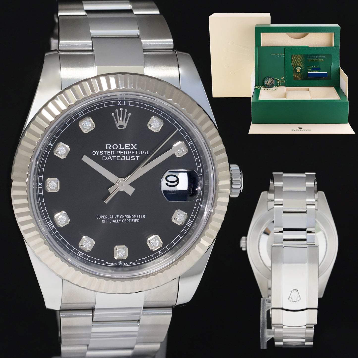 2024 NEW PAPERS Rolex DateJust 41 126334 Black Diamond White Gold 41mm Fluted Oyster Watch Box