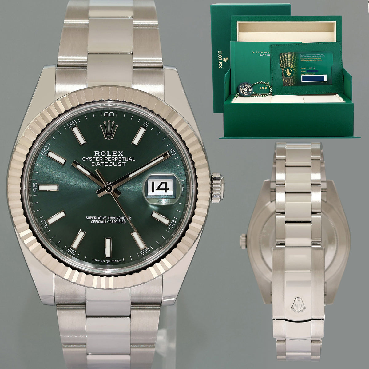 2025 NEW PAPERS Rolex 126334 DateJust 41 Mint Green Stick Oyster Watch Box
