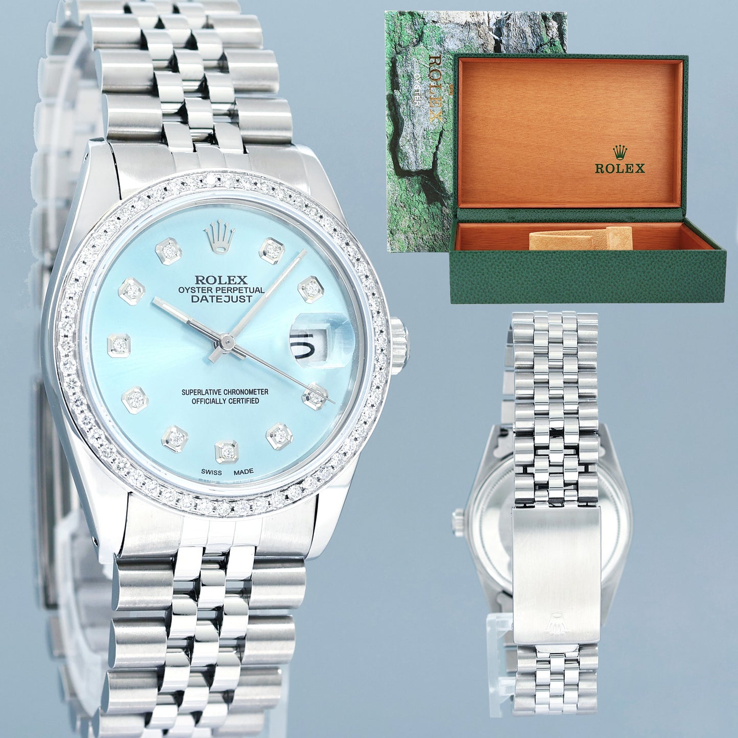 DIAMOND Bezel Rolex DateJust 36mm Glacier Blue Diamond 16030 Steel Watch Box