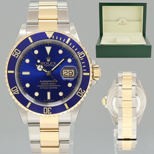 MINT 2001 Rolex Submariner 16613LB Yellow Gold Steel Two Tone Sunburst Blue Watch
