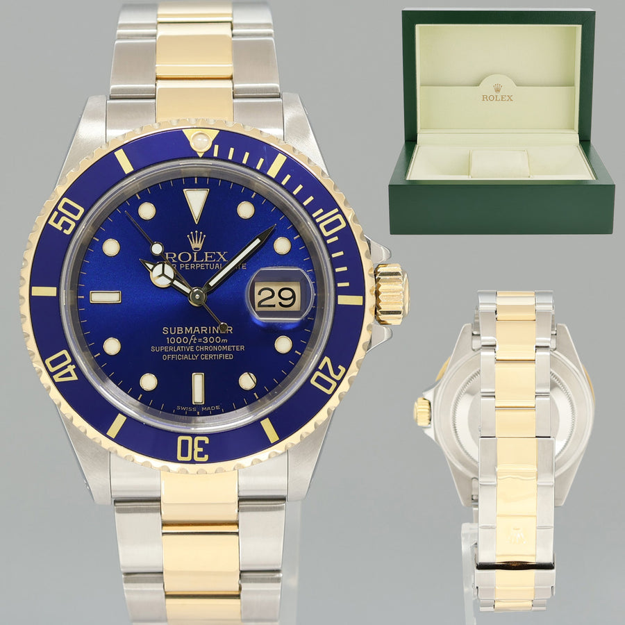 MINT 2001 Rolex Submariner 16613LB Yellow Gold Steel Two Tone Sunburst Blue Watch