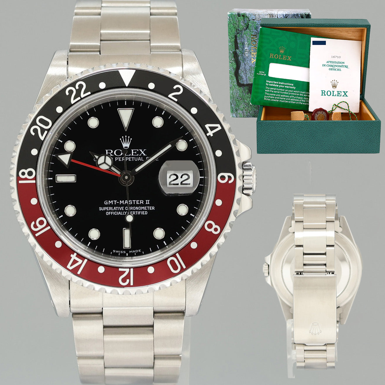 PAPERS 1996 MINT Rolex GMT-Master II Coke Red Black Steel 16710 40mm Watch Box