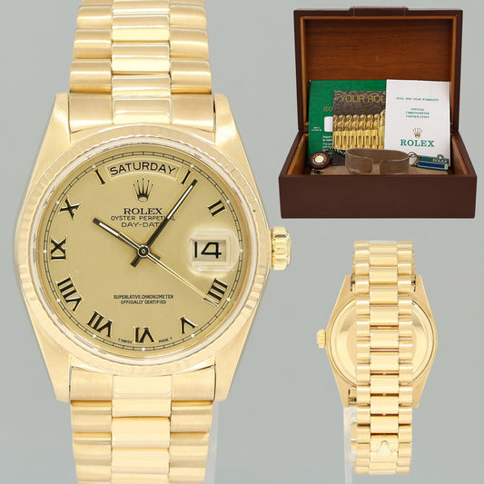 PAPERS MINT Rolex President Day-Date Champagne Roman 18038 Quickset Gold Watch