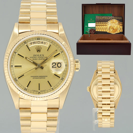 MINT Rolex President Day Date 18038 Yellow Gold Champagne Quickset Watch