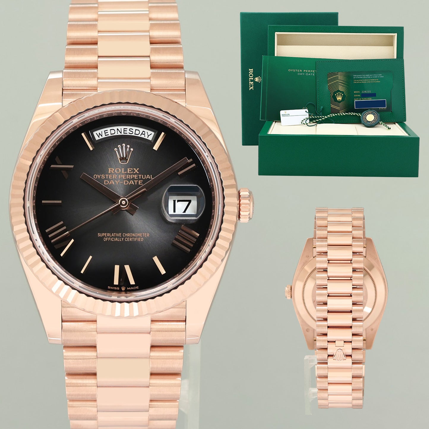 2026 NEW PAPERS Rolex President 40mm Rose Gold Green Ombre 228235 Watch Box