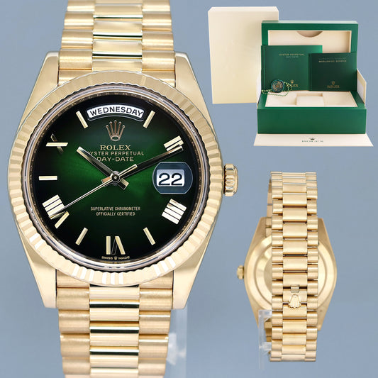 2022 MINT Rolex 228238 Day-Date 40 President 40mm Green Ombre Roman Yellow Gold Watch (Copy)