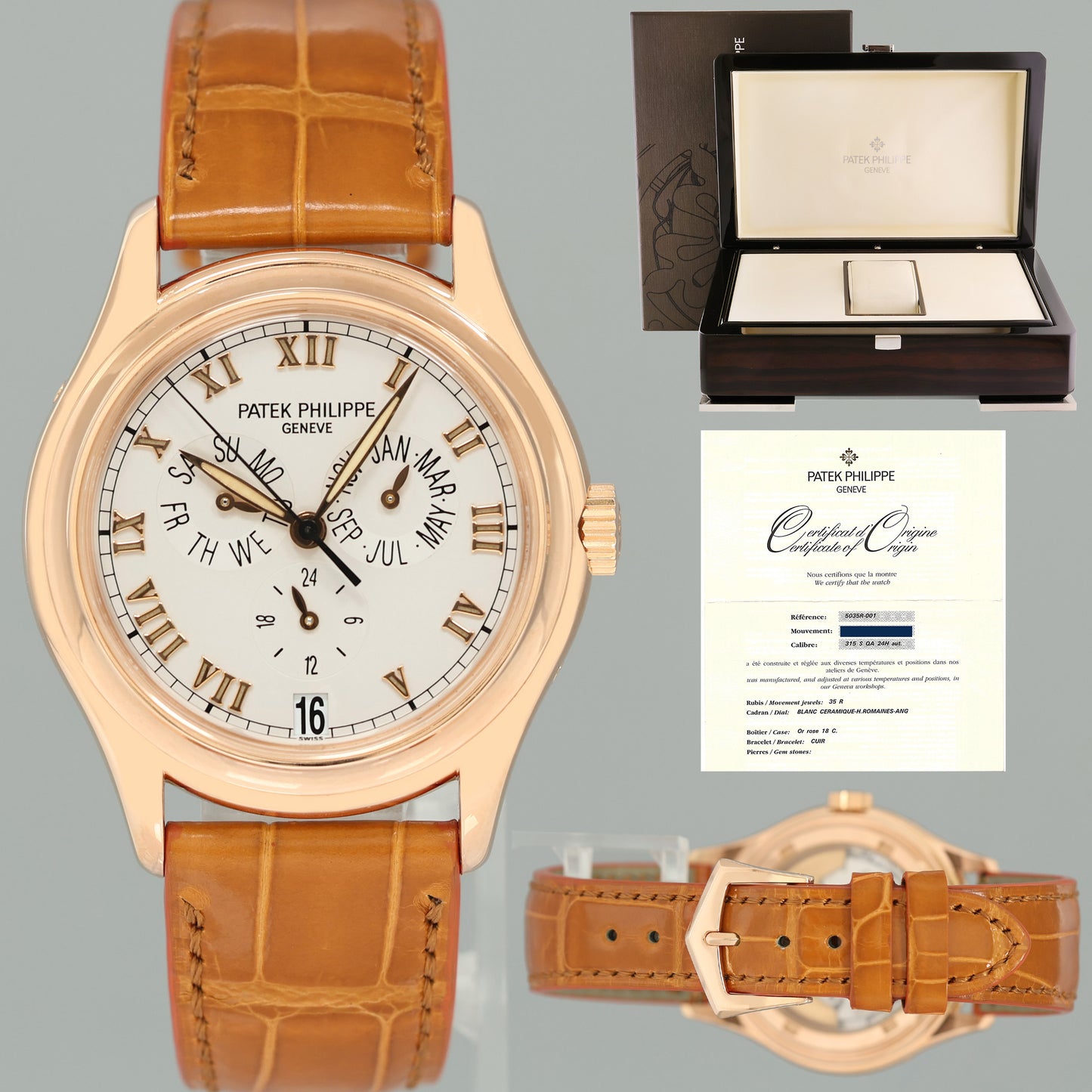 PAPERS MINT Patek Philippe Rose Gold Annual Calendar 5035R White Roman 37mm Watch