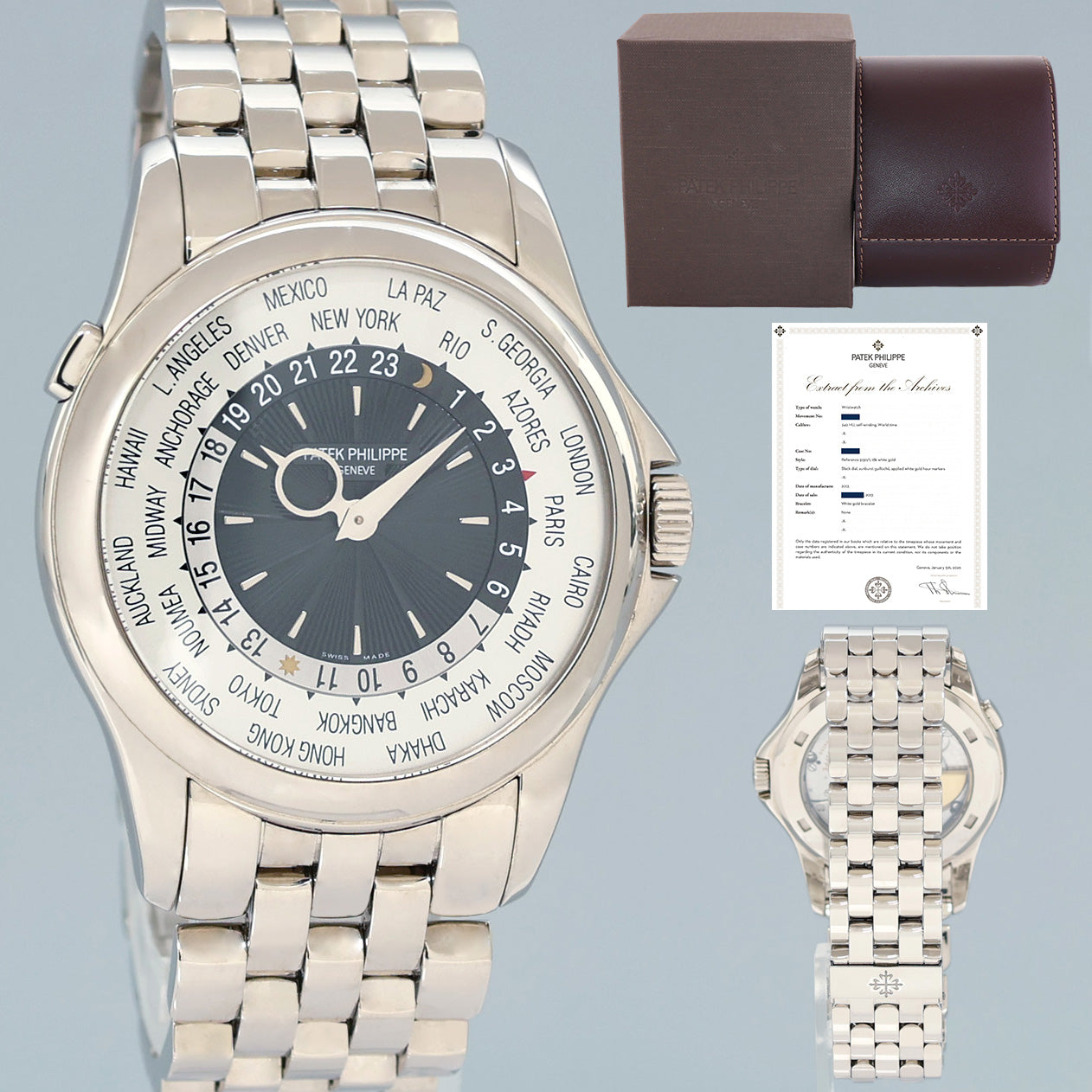 MINT PAPERS Patek Philippe 5130/1g 39mm White Gold Bracelet  World Time Watch Box