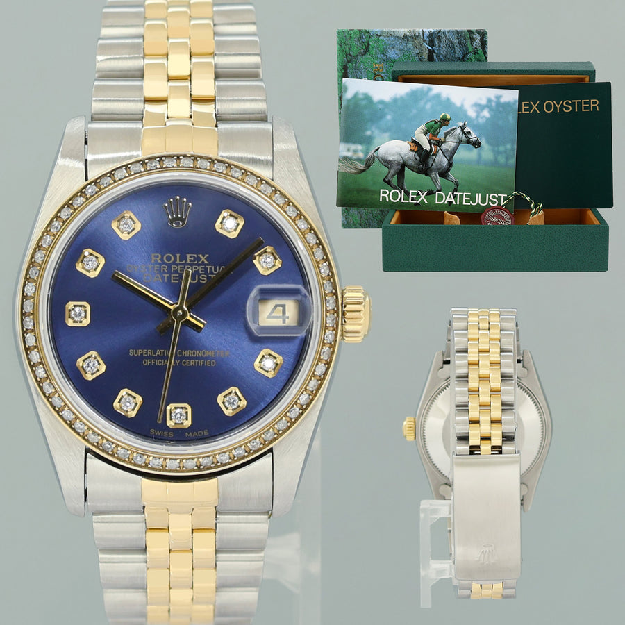 MINT Ladies Rolex 68273 Two Tone Yellow Gold Fluted 31mm Blue Diamond Bezel Watch