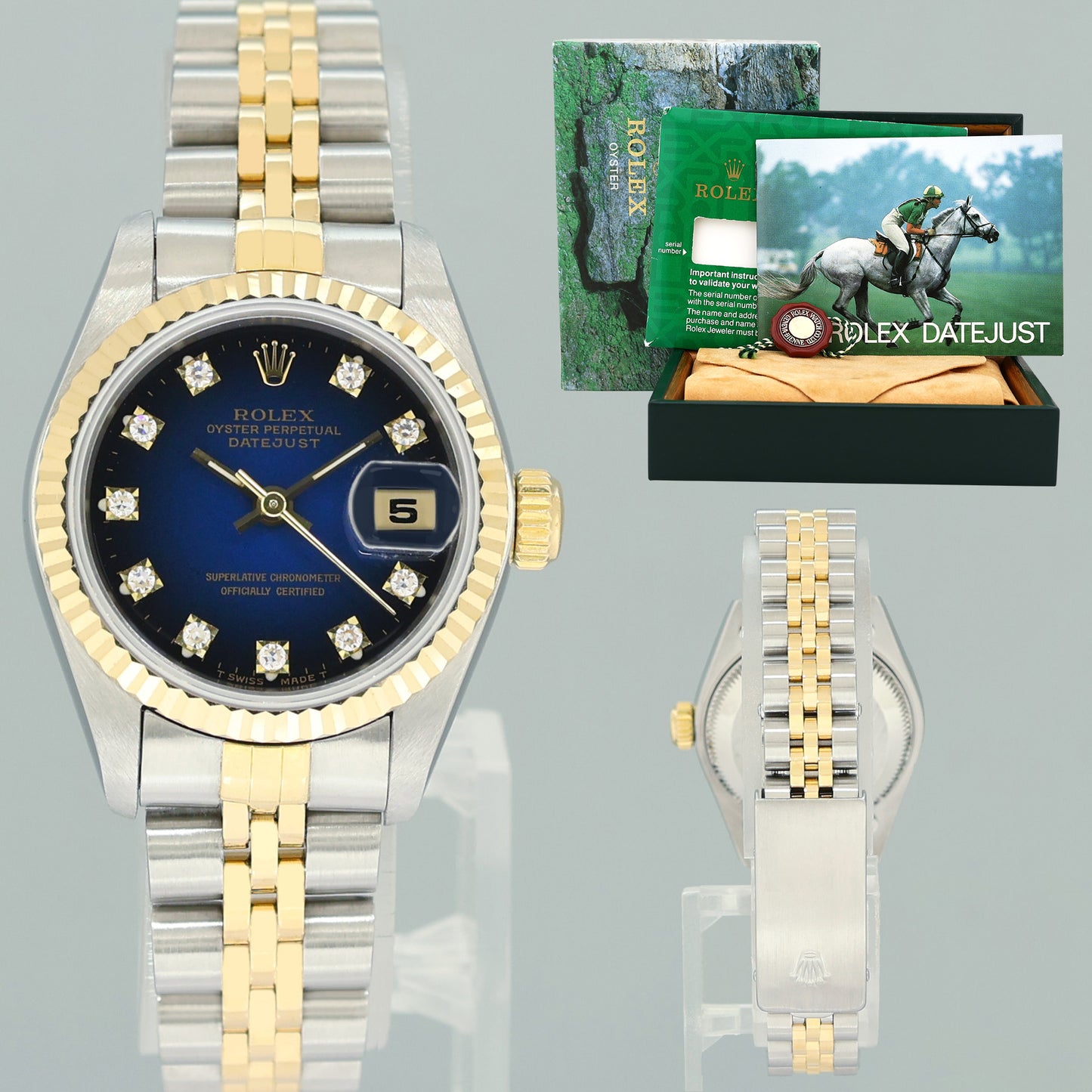 Diamond Ladies Rolex DateJust 26mm 69173 Two Tone Gold Jubilee Blue Vignette Watch