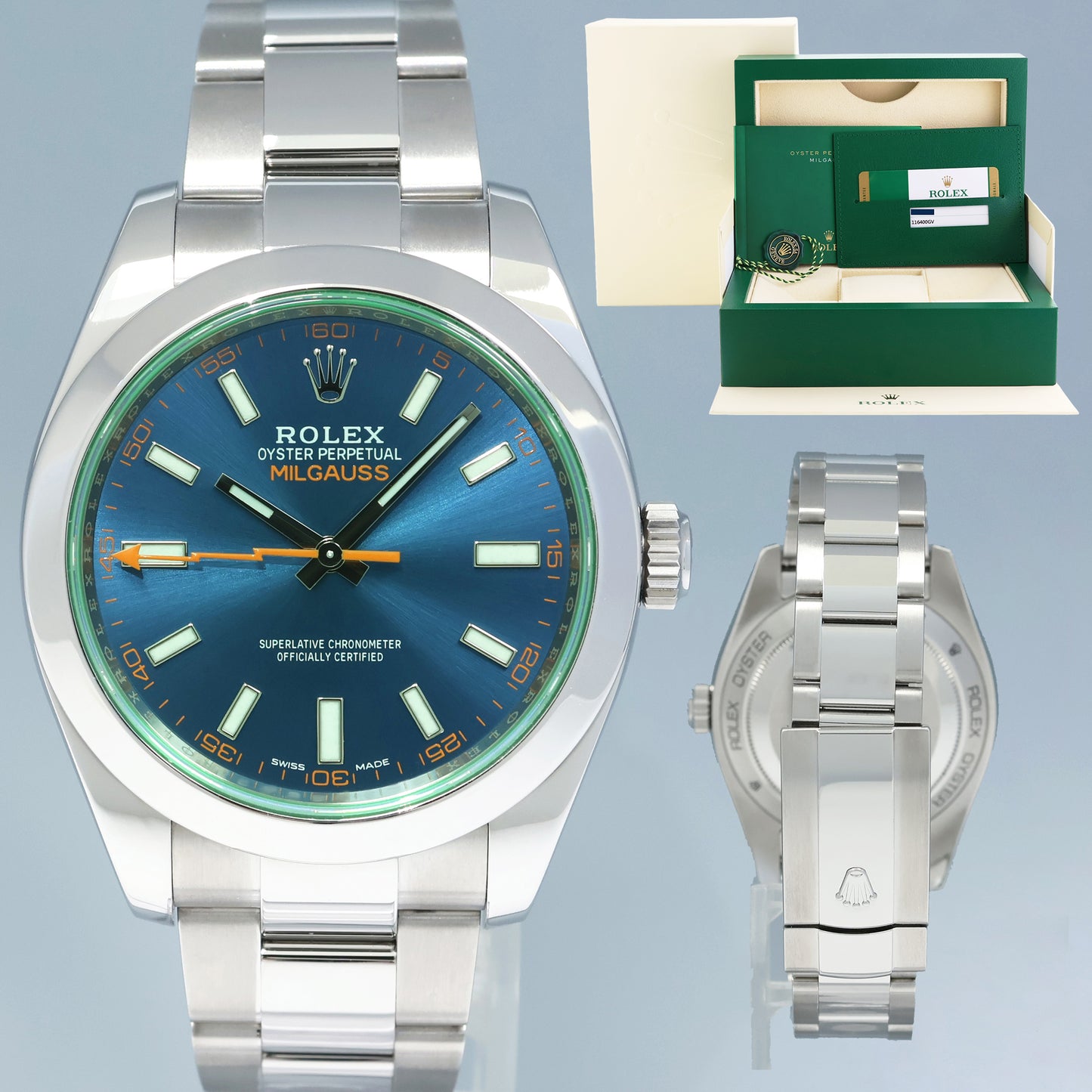 2018 MINT PAPERS Rolex 116400GV Milgauss Blue Anniversary Green Steel Watch Box