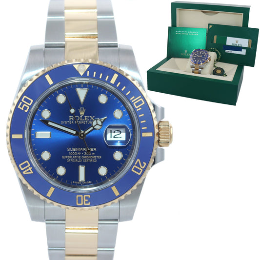 2015 MINT BOX PAPERS Rolex Submariner Blue Ceramic 116613 Two Tone Gold Watch