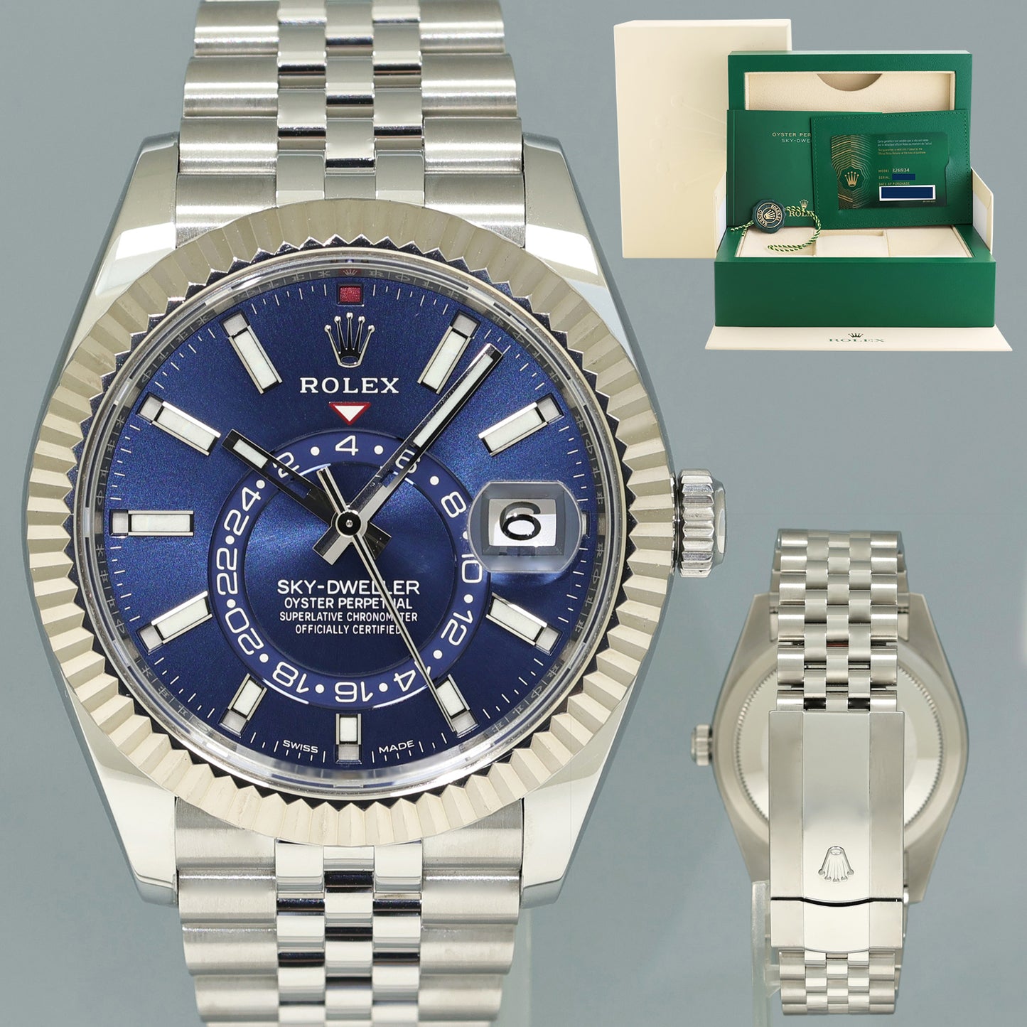 2022 NEW PAPERS Rolex 326934 Sky-Dweller Steel BLUE Jubilee Fluted 42mm Watch Box