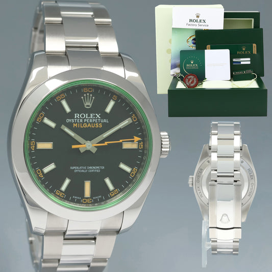 2026 MINT RSC PAPERS Rolex Milgauss Green Anniversary Orange Black 116400GV Steel Watch Box