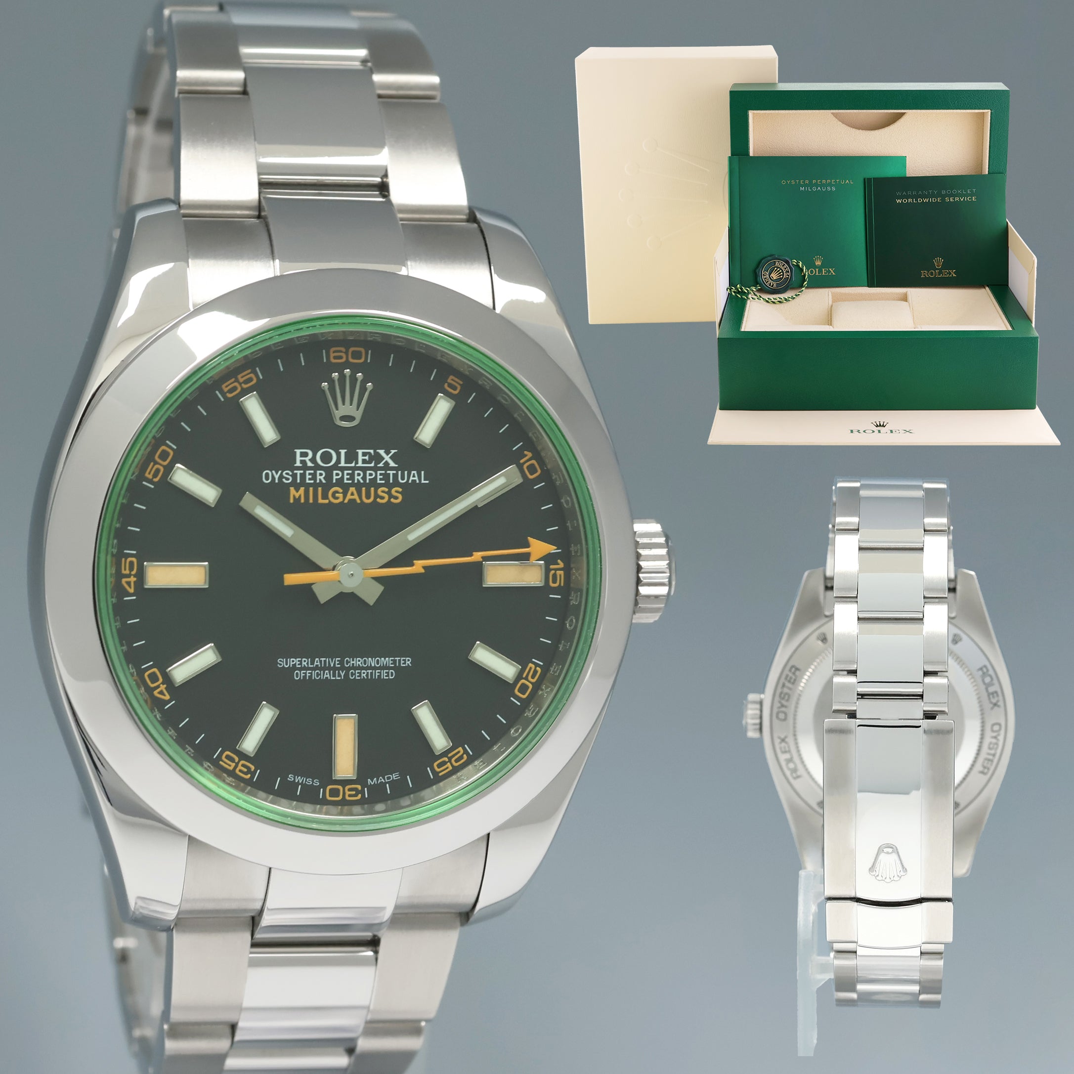 MINT Rolex Milgauss Green Anniversary Orange Black 116400 GV Steel Watch Box