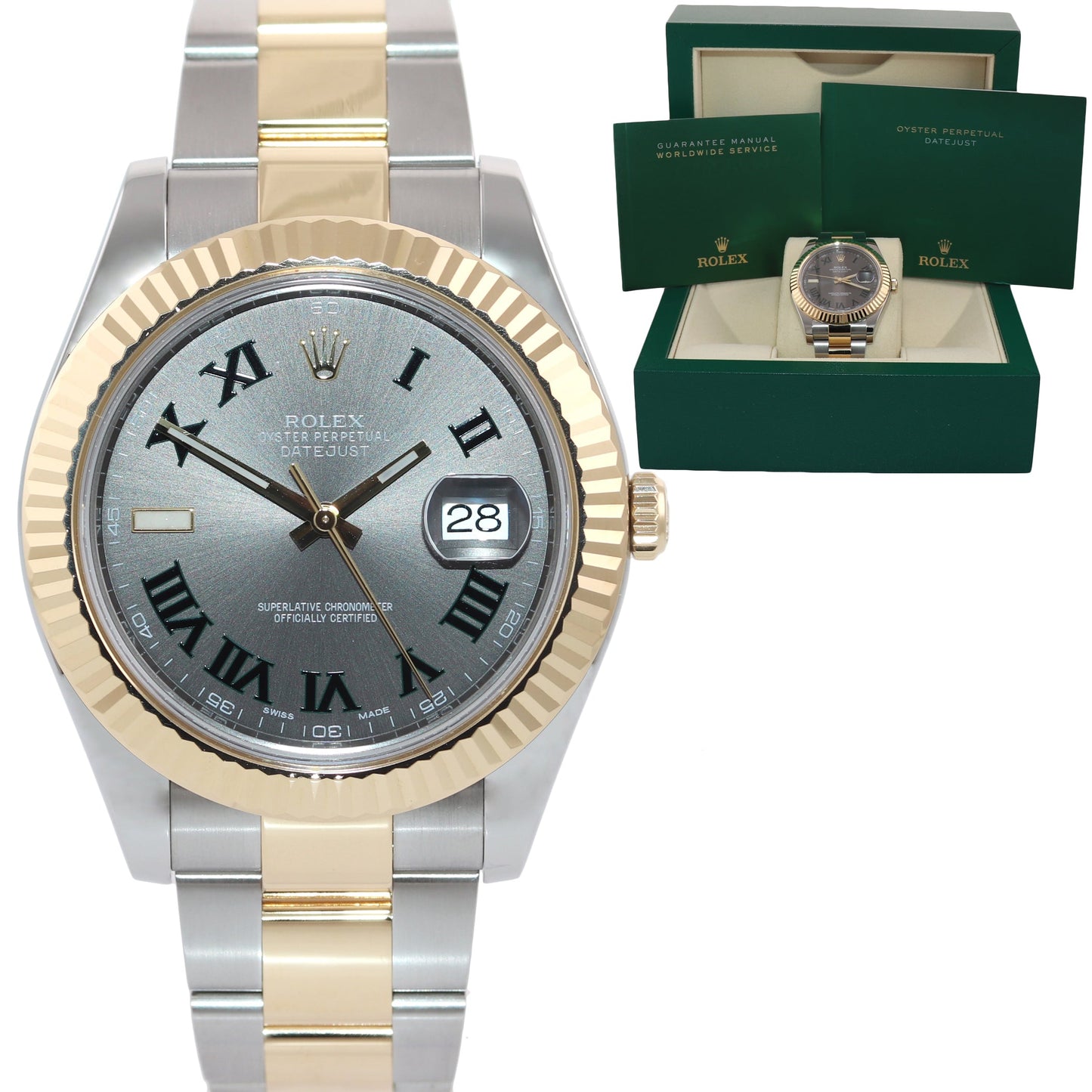 MINT Rolex Datejust II 2 Wimbledon Slate Roman 116333 Two-Tone 41mm Gold Watch Box