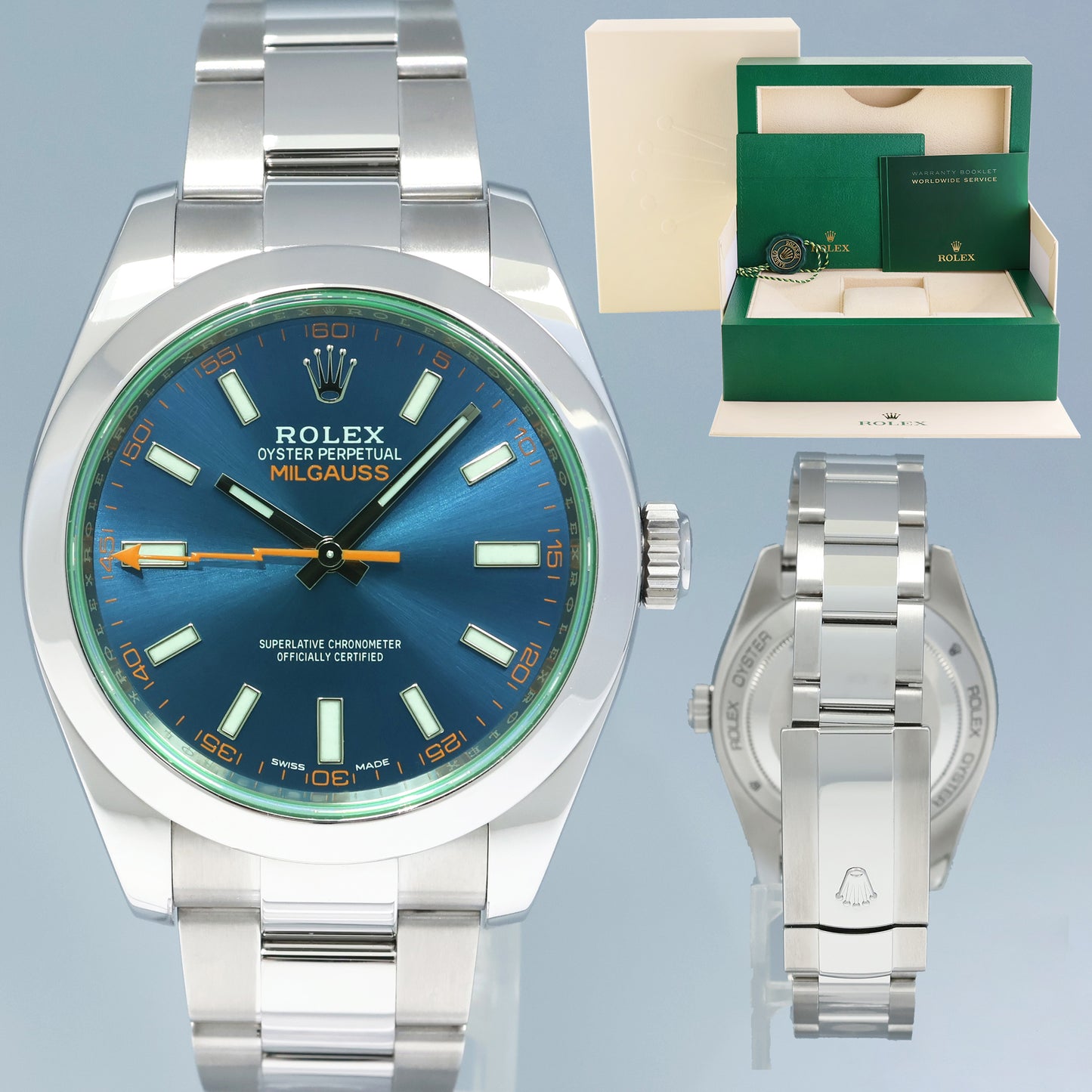 MINT 2019 Rolex Milgauss Blue Anniversary Green 116400GV Steel 40mm Watch Box