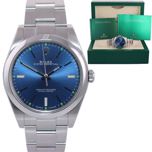 2018 MINT Rolex Oyster Perpetual 39mm Blue Stick Oyster Watch 114300 Box
