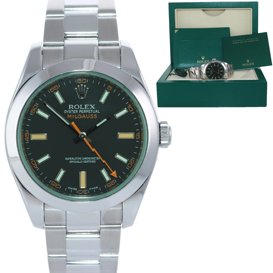 2009 MINT Rolex Milgauss Green Anniversary Orange Black 116400 GV Steel Watch Box