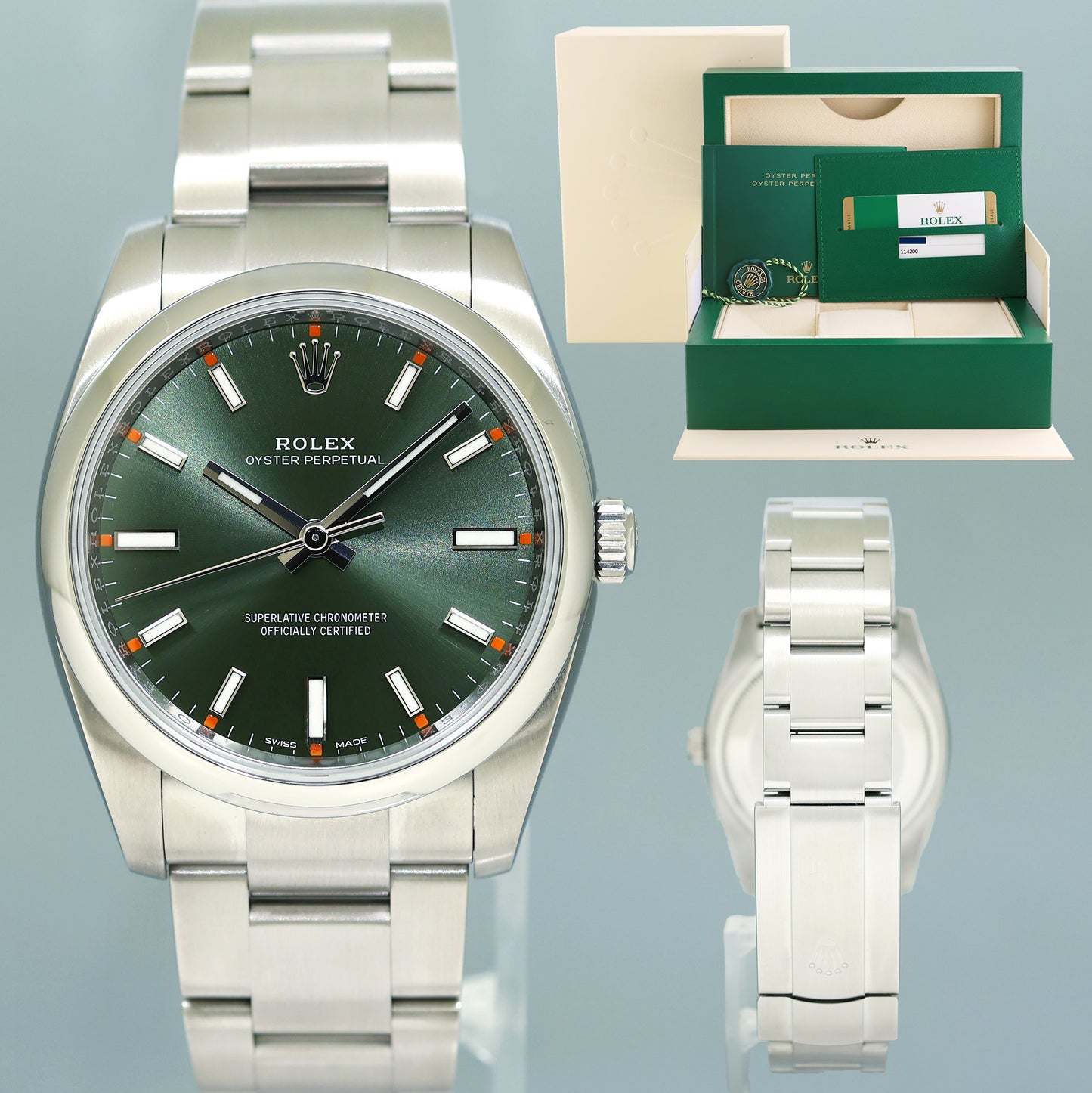 2019 PAPERS MINT Rolex Oyster Perpetual 34mm Green Oyster 114200 Watch Box