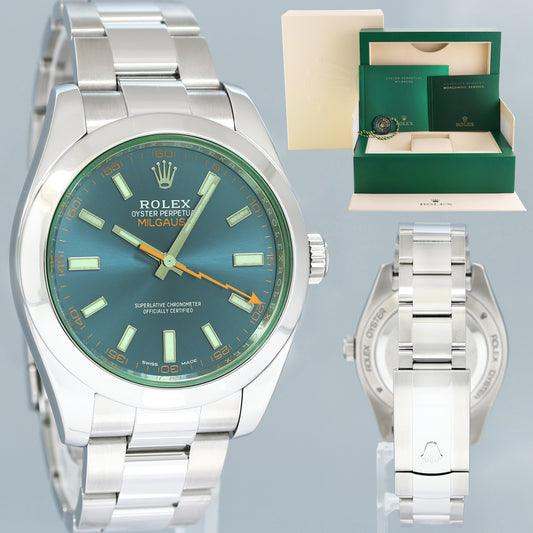 MINT 2019 Rolex Milgauss Blue Anniversary Green 116400GV Steel 40mm Watch Box
