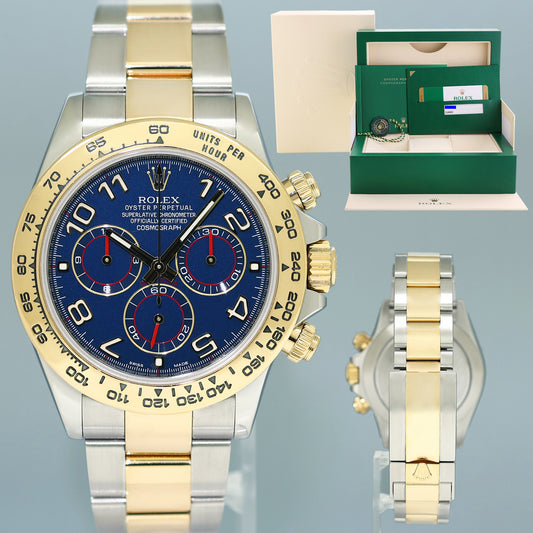 PAPERS MINT 116503 Rolex Daytona Two Tone Yellow Gold Blue Racing Watch Box