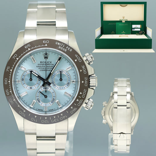 MINT 2018 PAPERS Rolex Daytona 116506 Platinum Glacier Blue Diamond Baguette Watch
